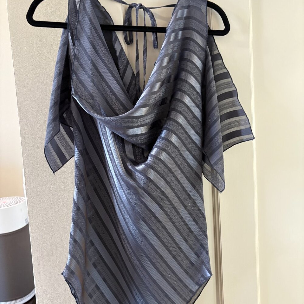 Calvin Tran Sleek Silver Sheer Top – Open Back Tie Detail – Size M